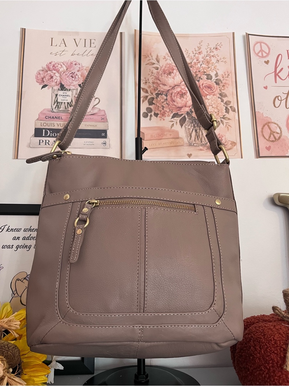Great American Leather Works Taupe Leather Multi-Pocket Crossbody Bag